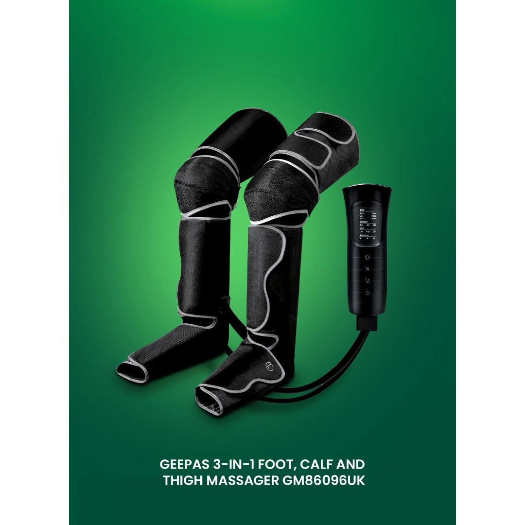 Geepas 3-in-1 Foot, Calf and Thigh Massager- GM86096UK / 6 Modes, 20 Minute timer, 2X2 Airbags, 3 Vibration levels, Color - Black