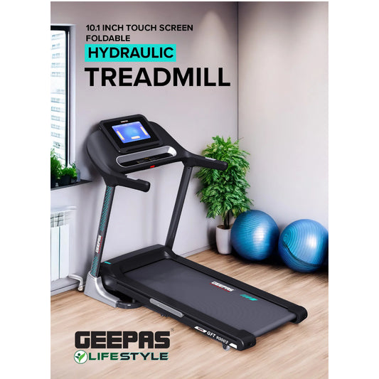 Geepas 10.1 Inch Touch Screen Foldable Hydraulic Treadmill - GFT90002 with DC Motor 3.0 HP Max.