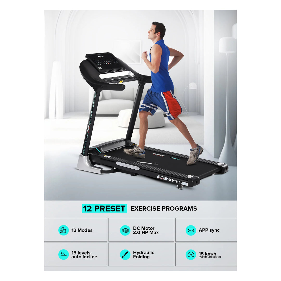 Geepas Foldable Hydraulic Treadmill - GFT90001 with 12 Modes, DC motor 3.0 HP Max, Color - Black